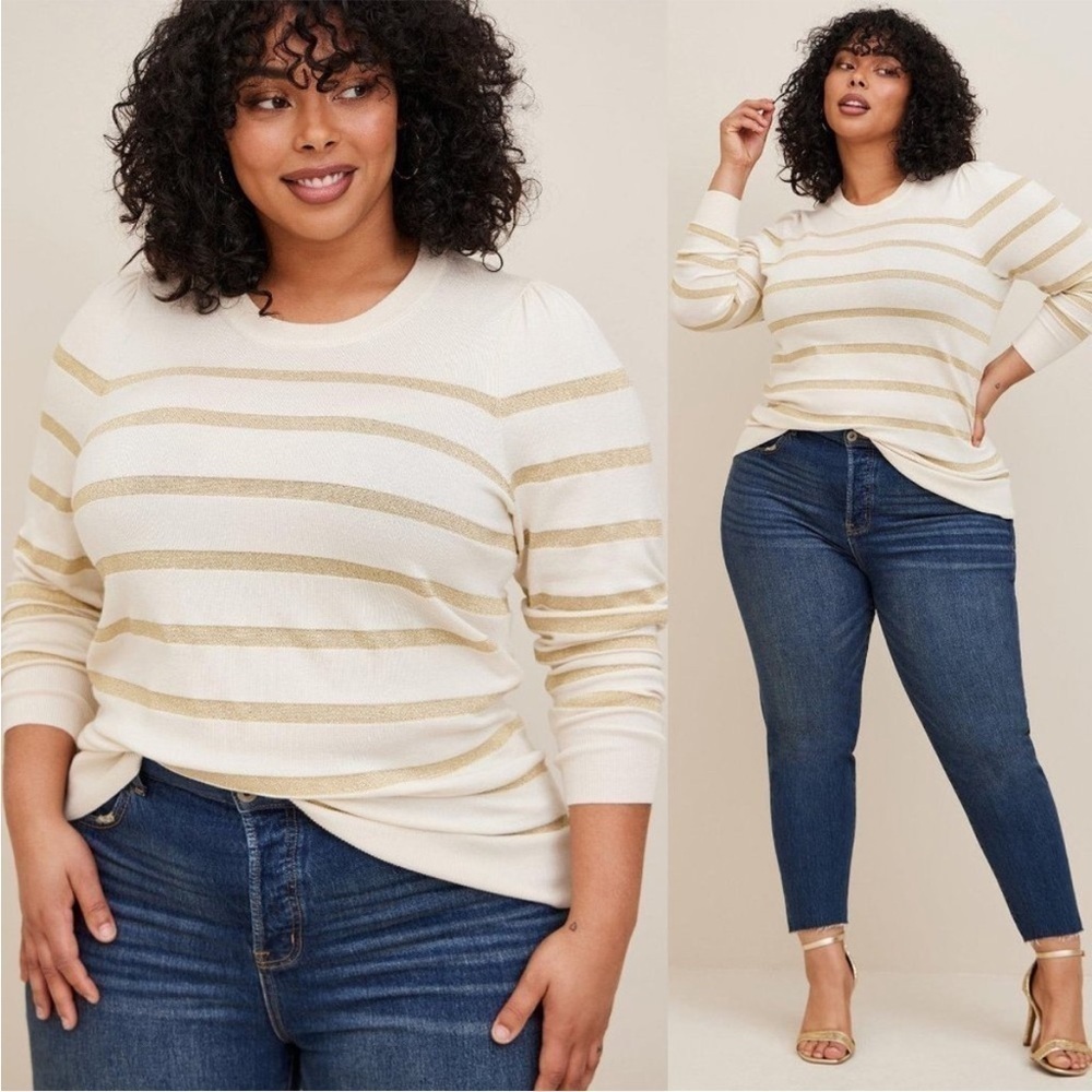 Torrid Ivory and Gold Stripe Crewneck Fitted Sweater